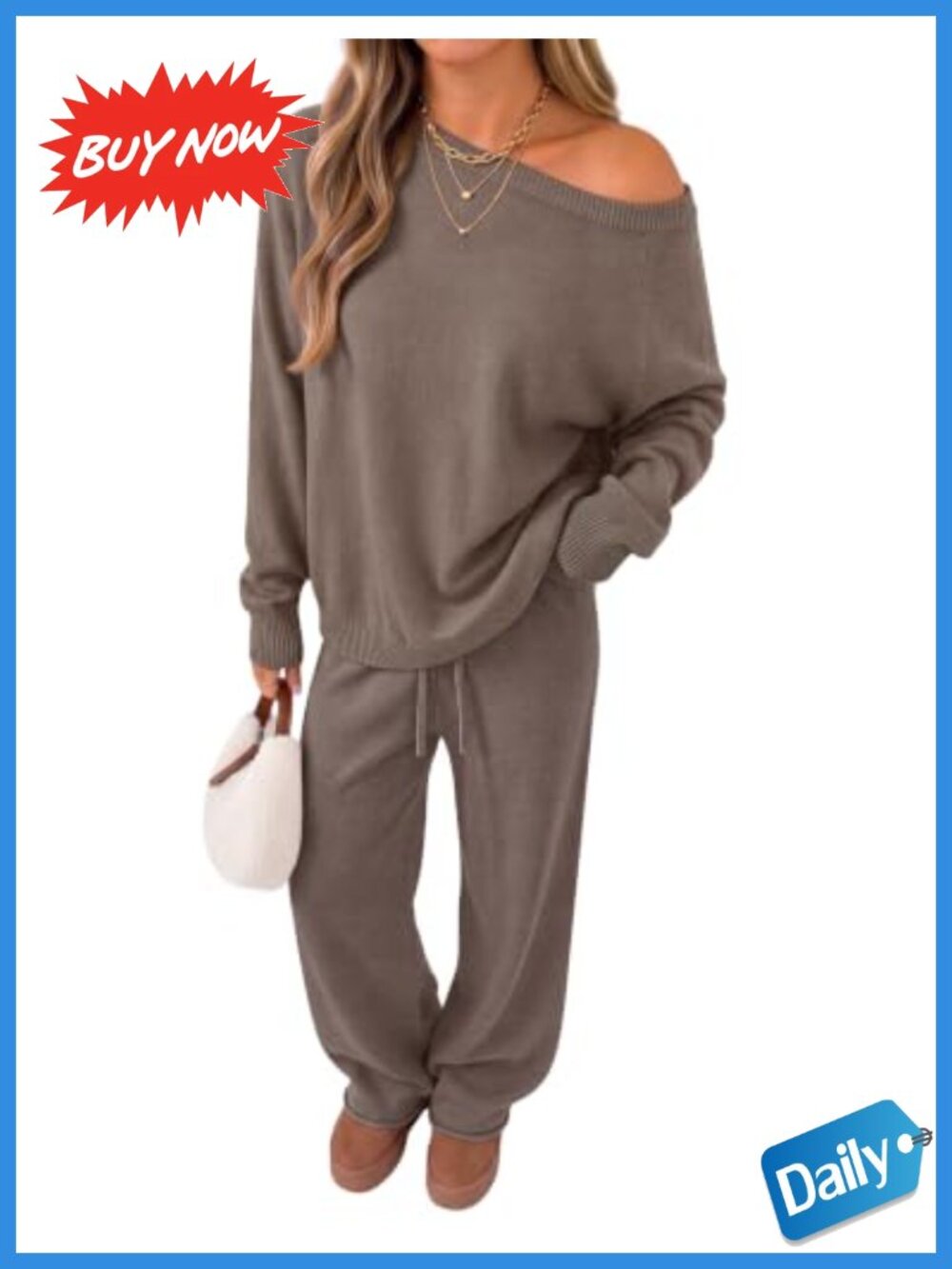 Off Shoulder 2 Piece Lounge Set Knit Sweater Wide Leg Pants Matching Outfit